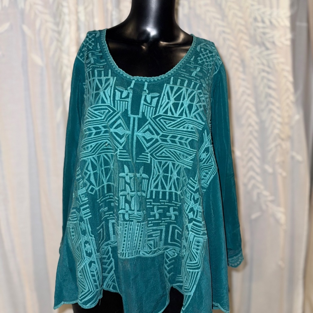 🌺 Johnny Was Embroidered Teal Boho Tunic – Size L